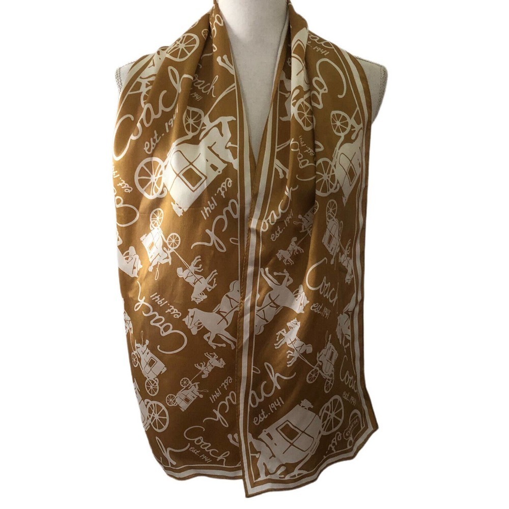 Coach scarf gold carriage pattern 100% silk 27×150 cm Used Japan - Picture 2 of 11